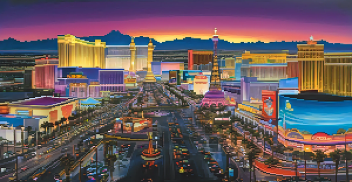 A panoramic view of the Las Vegas Strip at dusk with vibrant lights and a busy convention center.