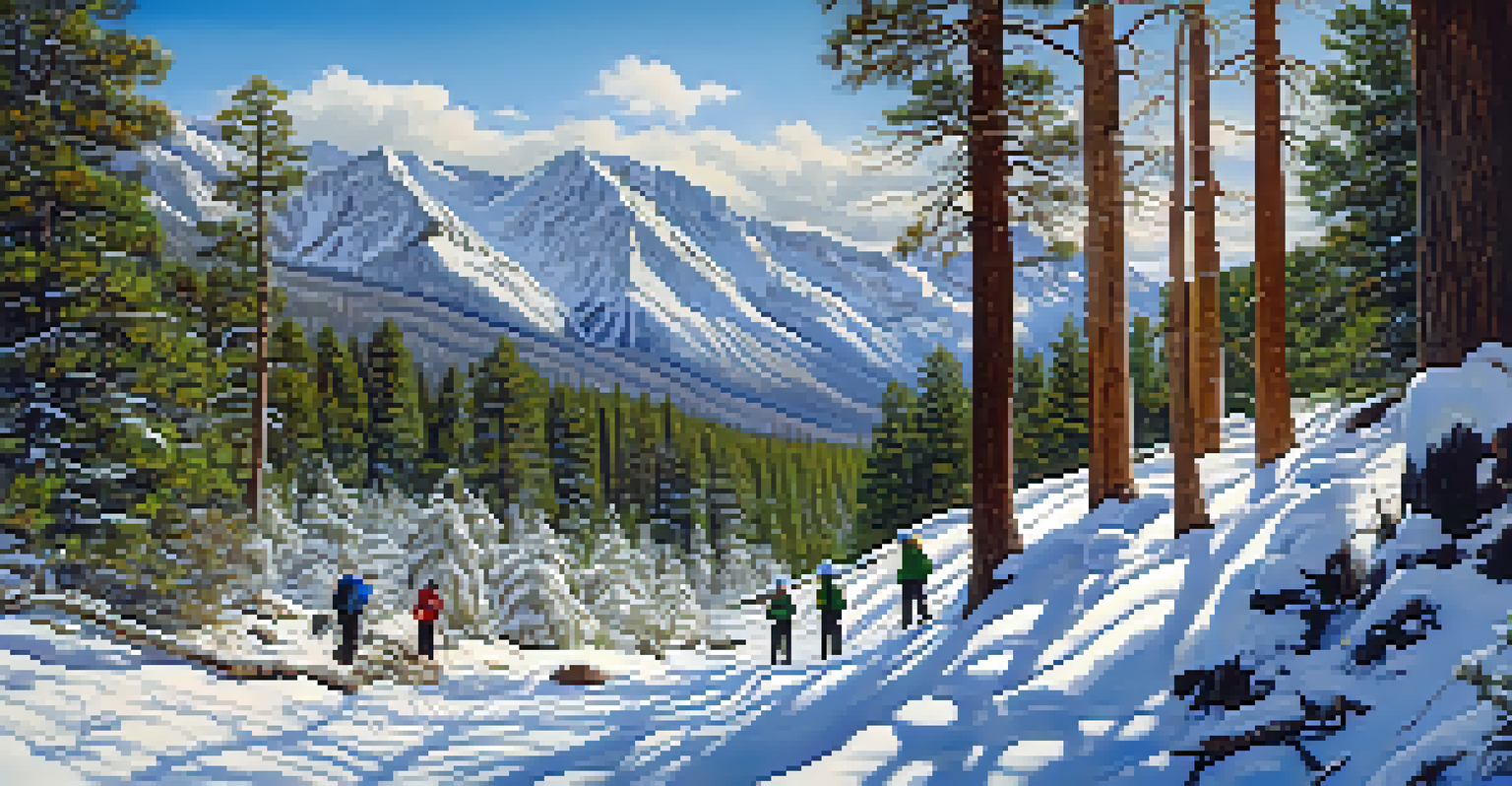 A winter scene at Mount Charleston with snow-covered peaks and a family building a snowman.