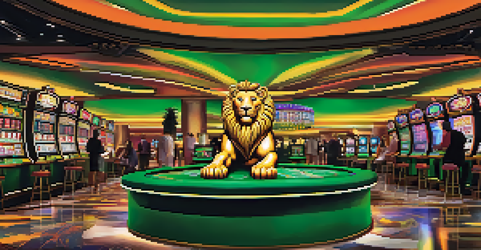 A vibrant scene inside the MGM Grand casino with players at slots and gaming tables, and the iconic green lion logo.