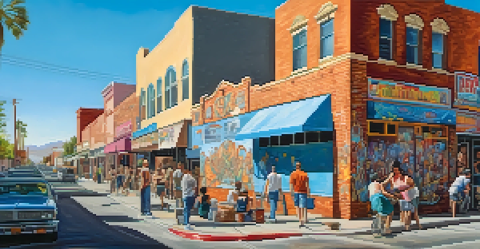 A lively street scene in the Arts District of Downtown Las Vegas, showcasing colorful murals and artists, with people interacting and vendors present.