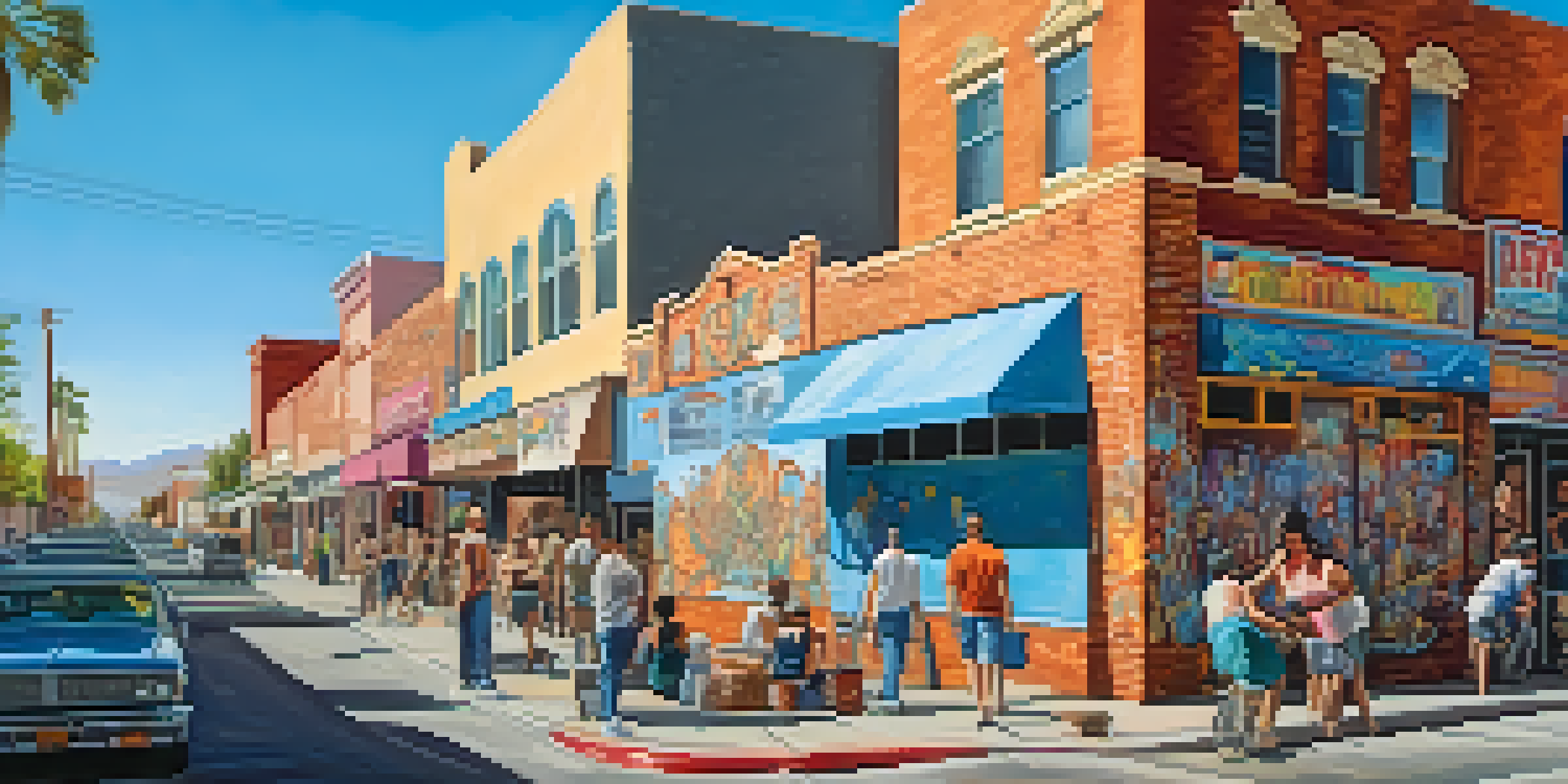 A lively street scene in the Arts District of Downtown Las Vegas, showcasing colorful murals and artists, with people interacting and vendors present.