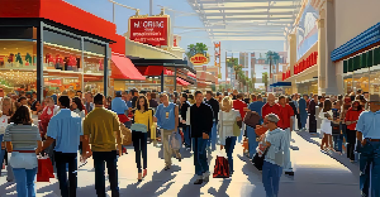Eager shoppers lined up outside a store in Las Vegas during Black Friday, surrounded by holiday decorations.