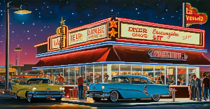 A busy 24-hour diner in Las Vegas with neon lights and patrons enjoying burgers and milkshakes, set against the backdrop of the Las Vegas Strip at night.