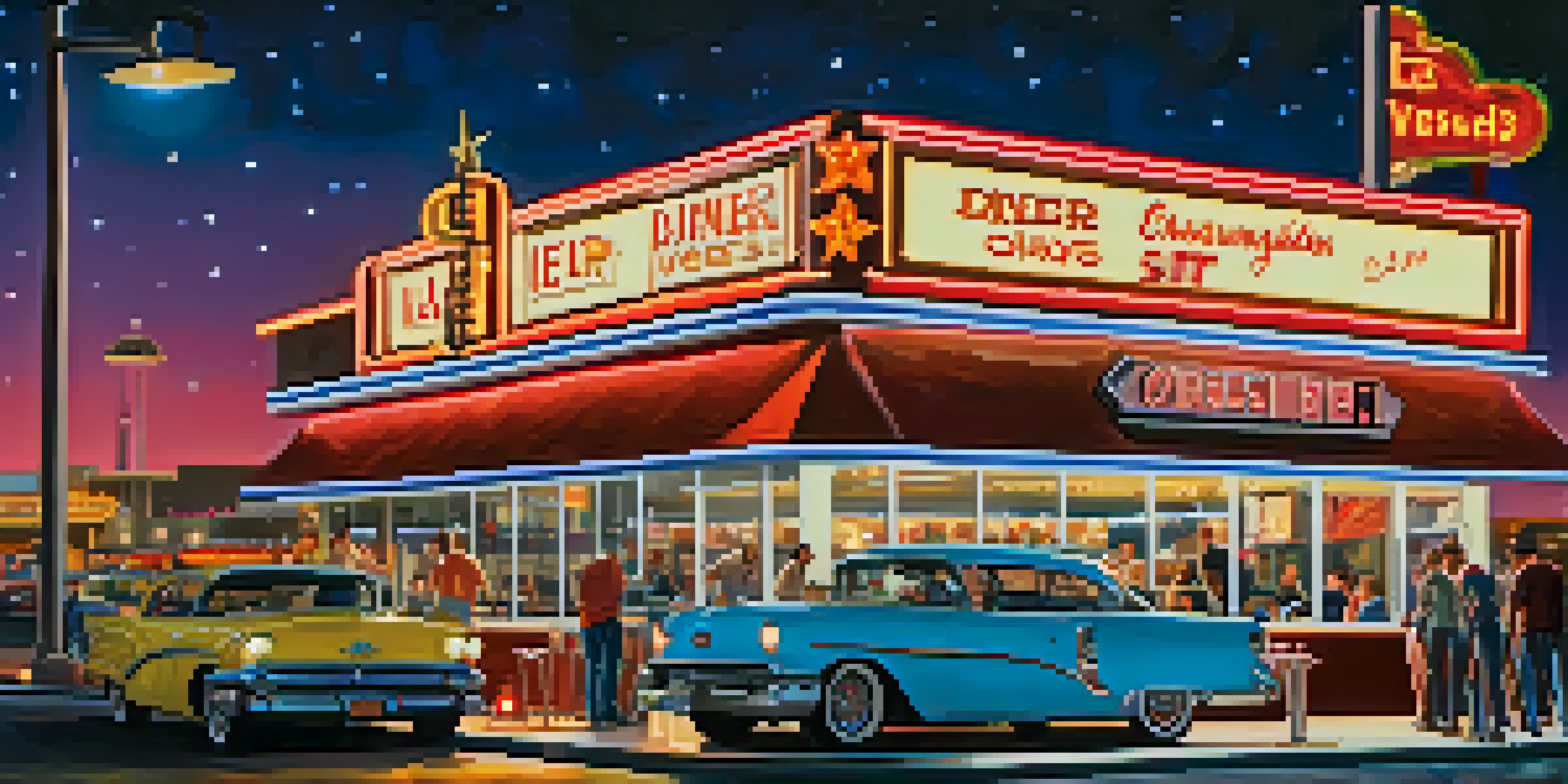 A busy 24-hour diner in Las Vegas with neon lights and patrons enjoying burgers and milkshakes, set against the backdrop of the Las Vegas Strip at night.