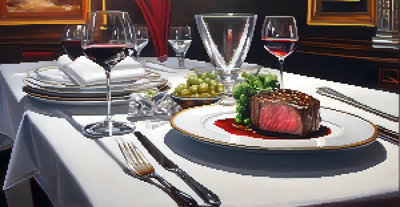 A fine dining table setting in Las Vegas with gourmet food like steak and wine, set in an elegant restaurant ambiance.