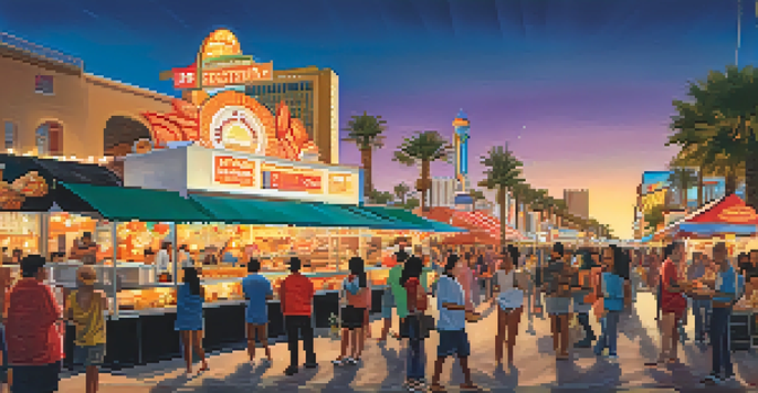 A colorful street food festival in Las Vegas with food trucks and diverse people enjoying various cuisines under string lights at sunset.