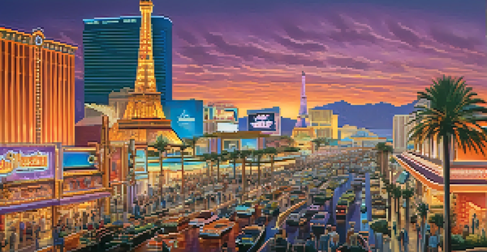 A colorful sunset view of the Las Vegas Strip, highlighting iconic casinos and vibrant neon lights.