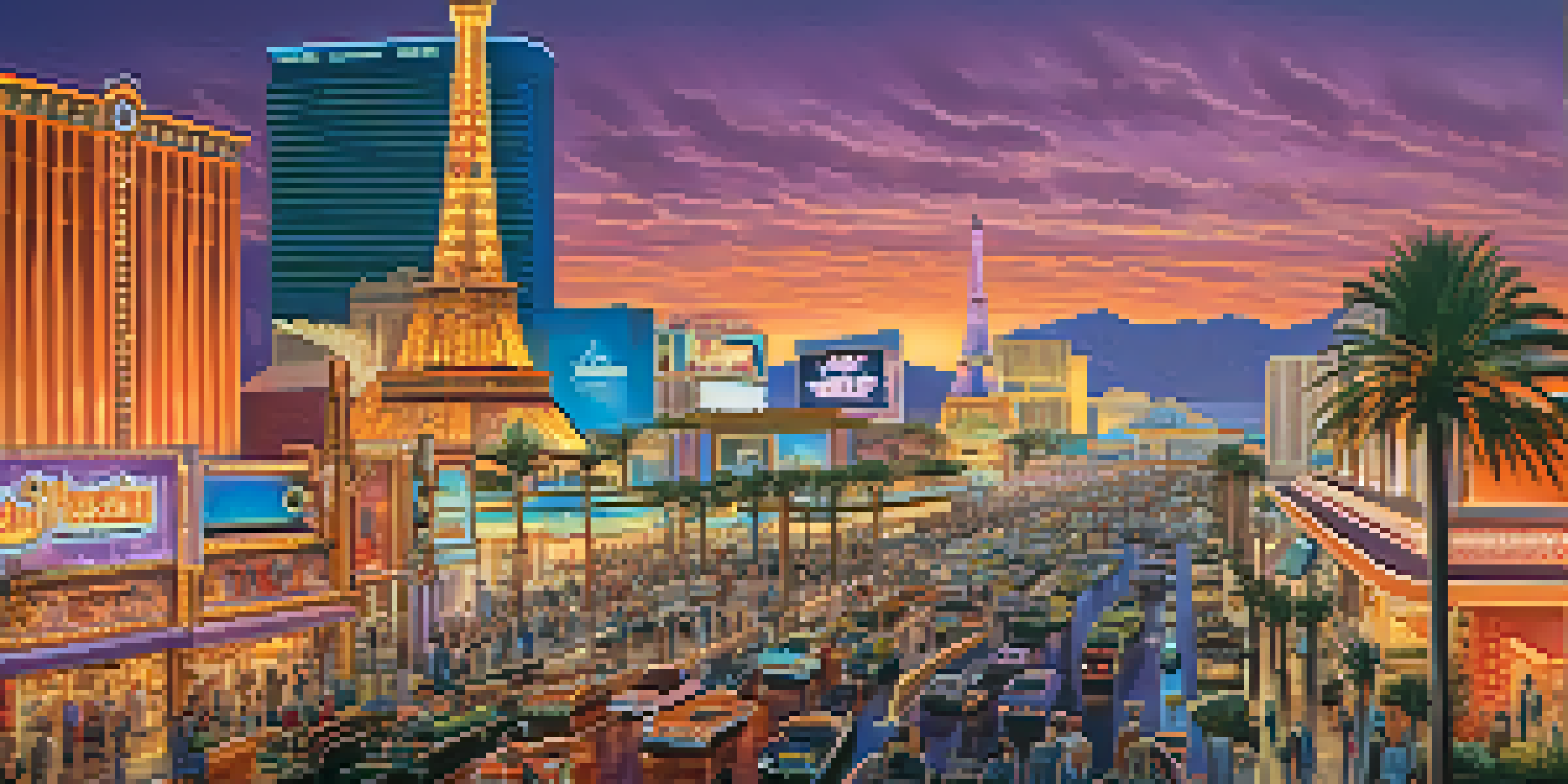 A colorful sunset view of the Las Vegas Strip, highlighting iconic casinos and vibrant neon lights.