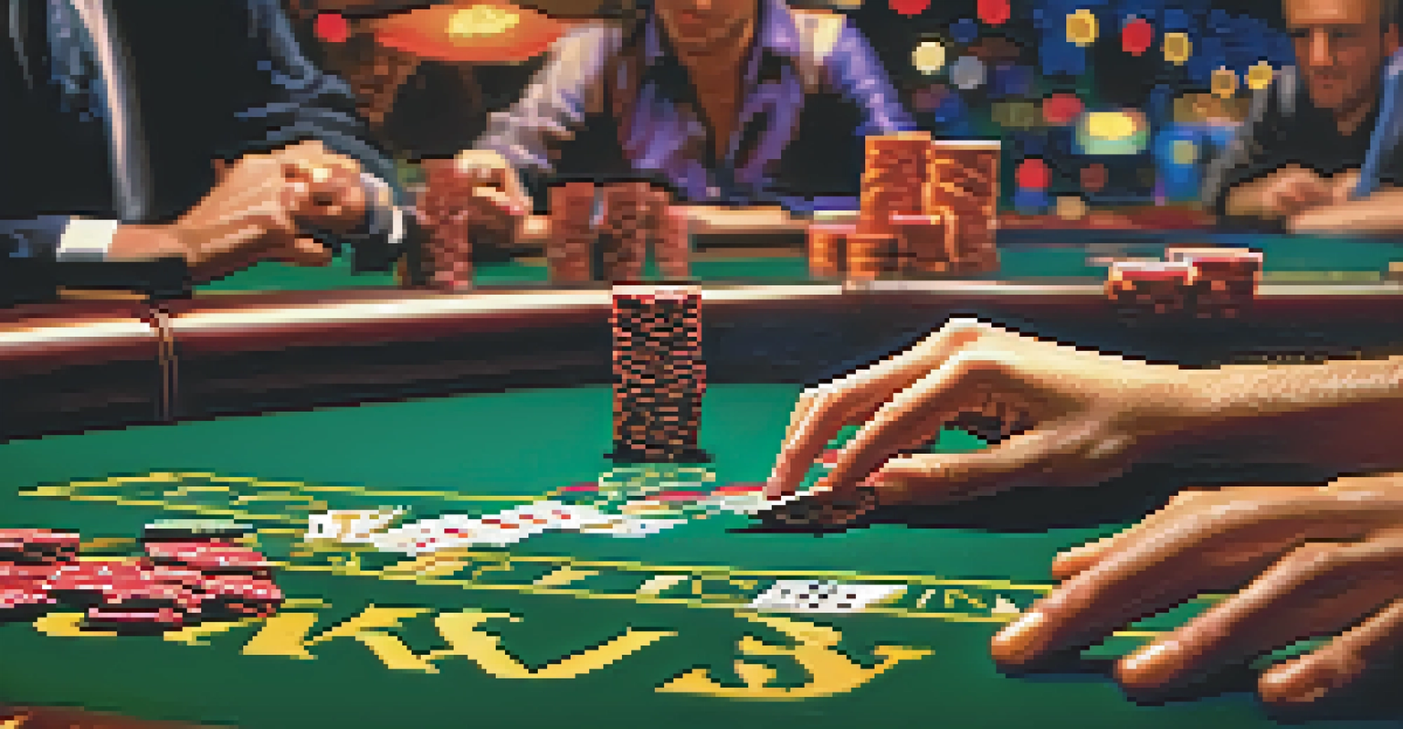 A close-up of a poker table in a casino, featuring players, chips, and cards.