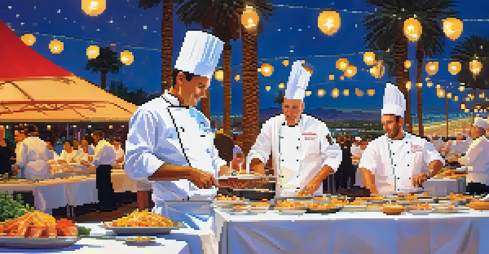 A lively culinary festival in Las Vegas with chefs preparing gourmet dishes at a long table, attendees sampling food, and twinkling lights in the background.