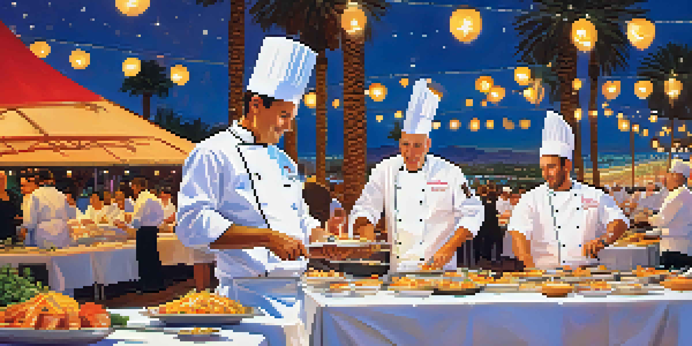 A lively culinary festival in Las Vegas with chefs preparing gourmet dishes at a long table, attendees sampling food, and twinkling lights in the background.