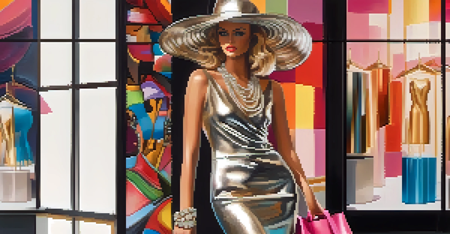 Mannequin wearing a metallic dress with vibrant accessories in a modern boutique.