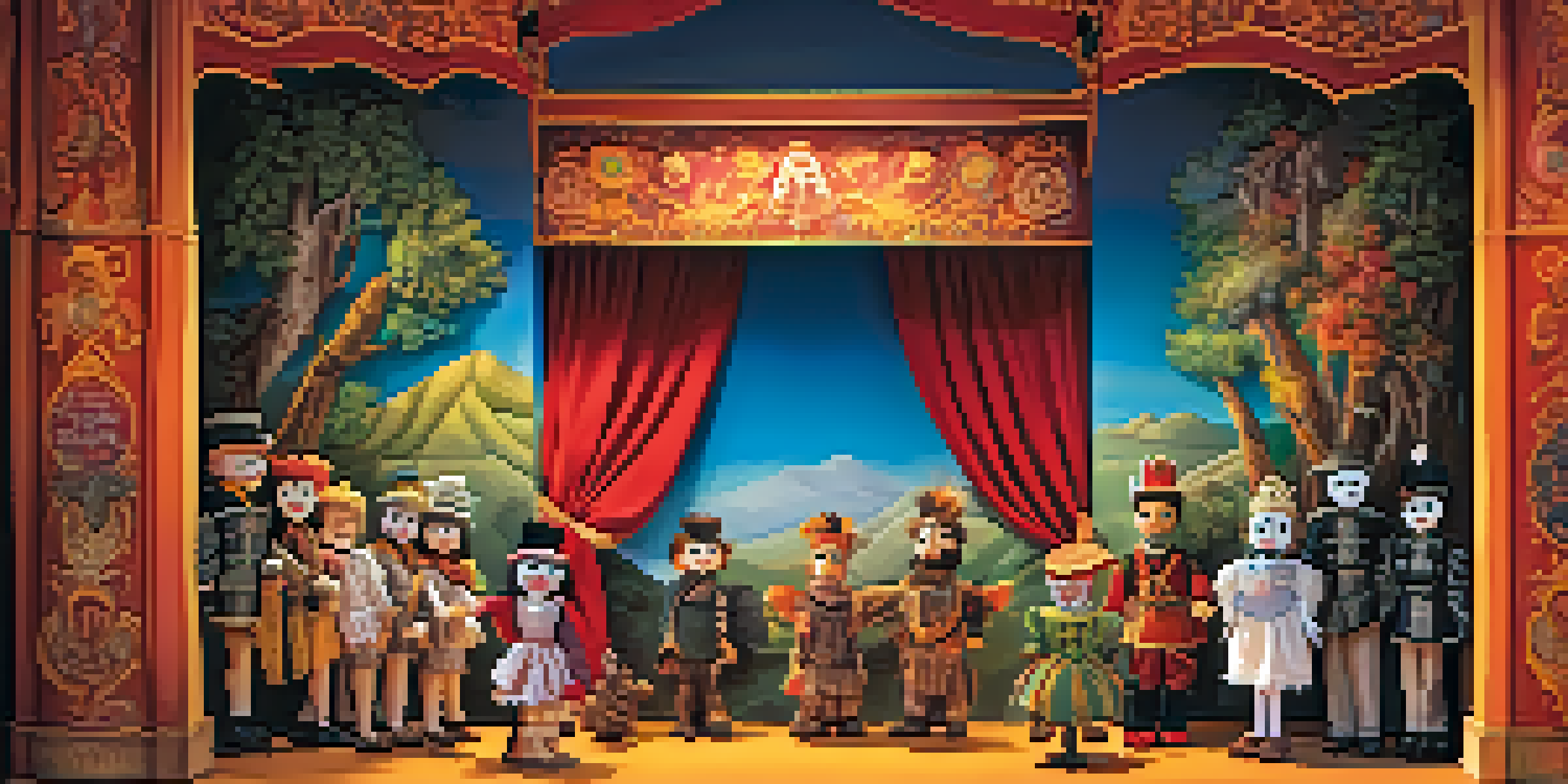 A lively puppet theater stage showcasing a variety of puppets with warm lighting and a detailed scenic backdrop.
