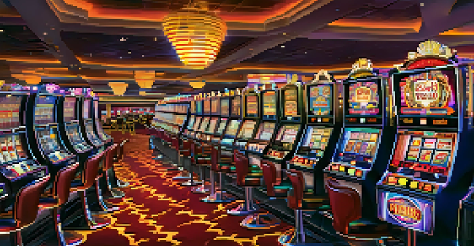 A lively casino floor in Las Vegas with colorful slot machines and players enjoying the games.