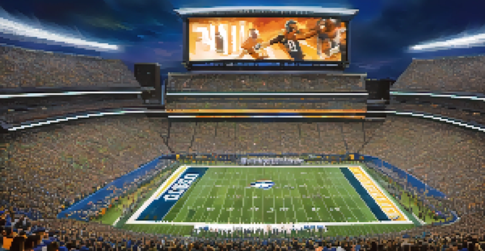 A lively image of Allegiant Stadium filled with enthusiastic fans during an NFL game, with bright lights and a green football field.