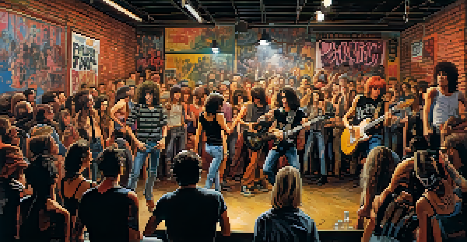 An energetic punk rock concert at CBGB, featuring a band on stage with a passionate audience and graffiti-covered walls.