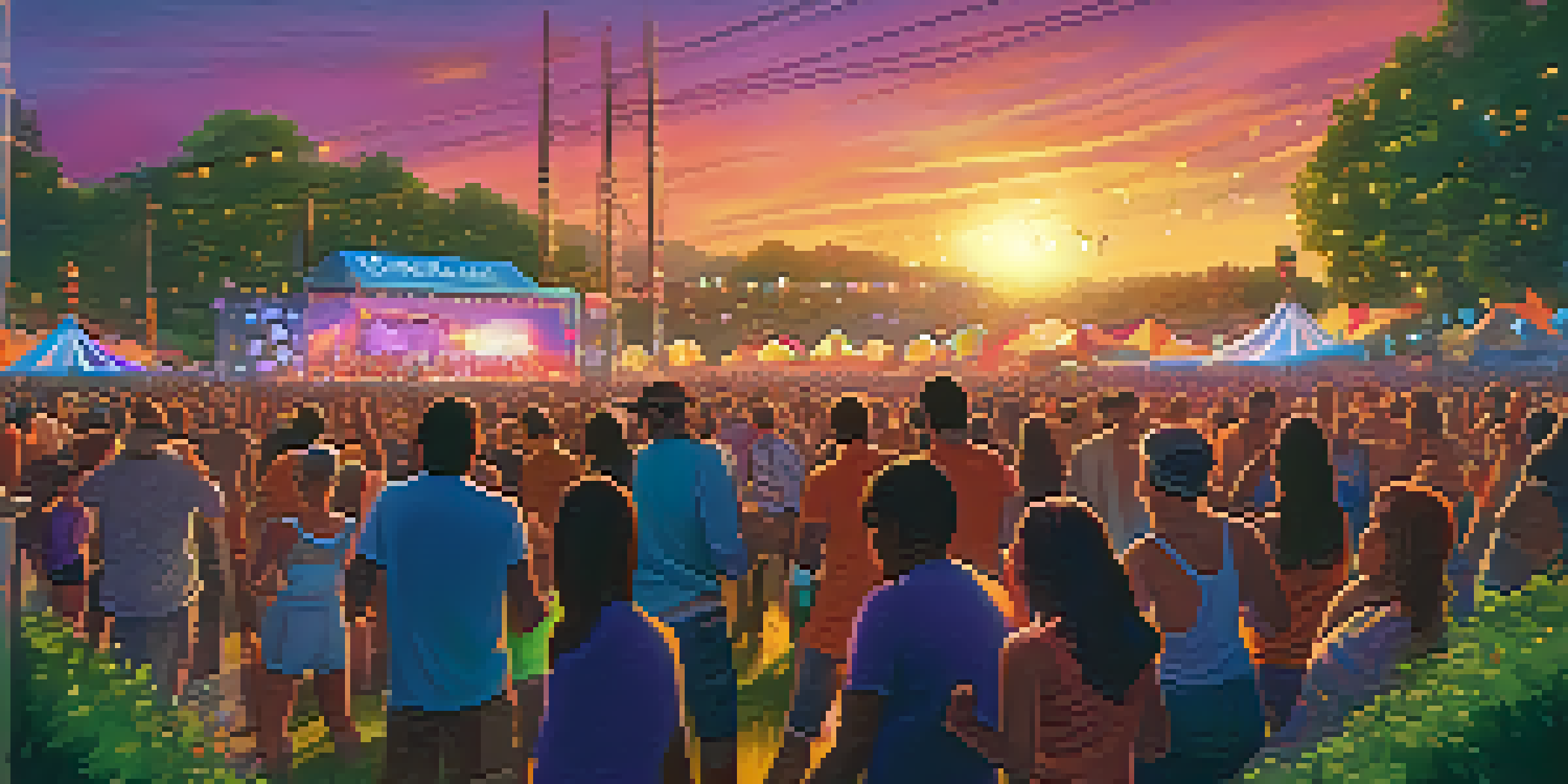 A lively outdoor music festival with a diverse crowd dancing under a colorful sunset sky.