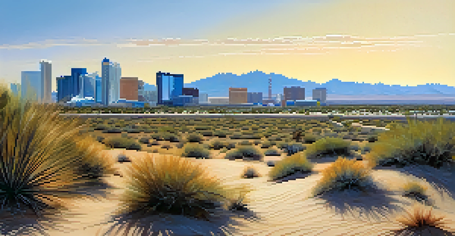A desert scene with the Las Vegas skyline visible in the background against a clear sky.