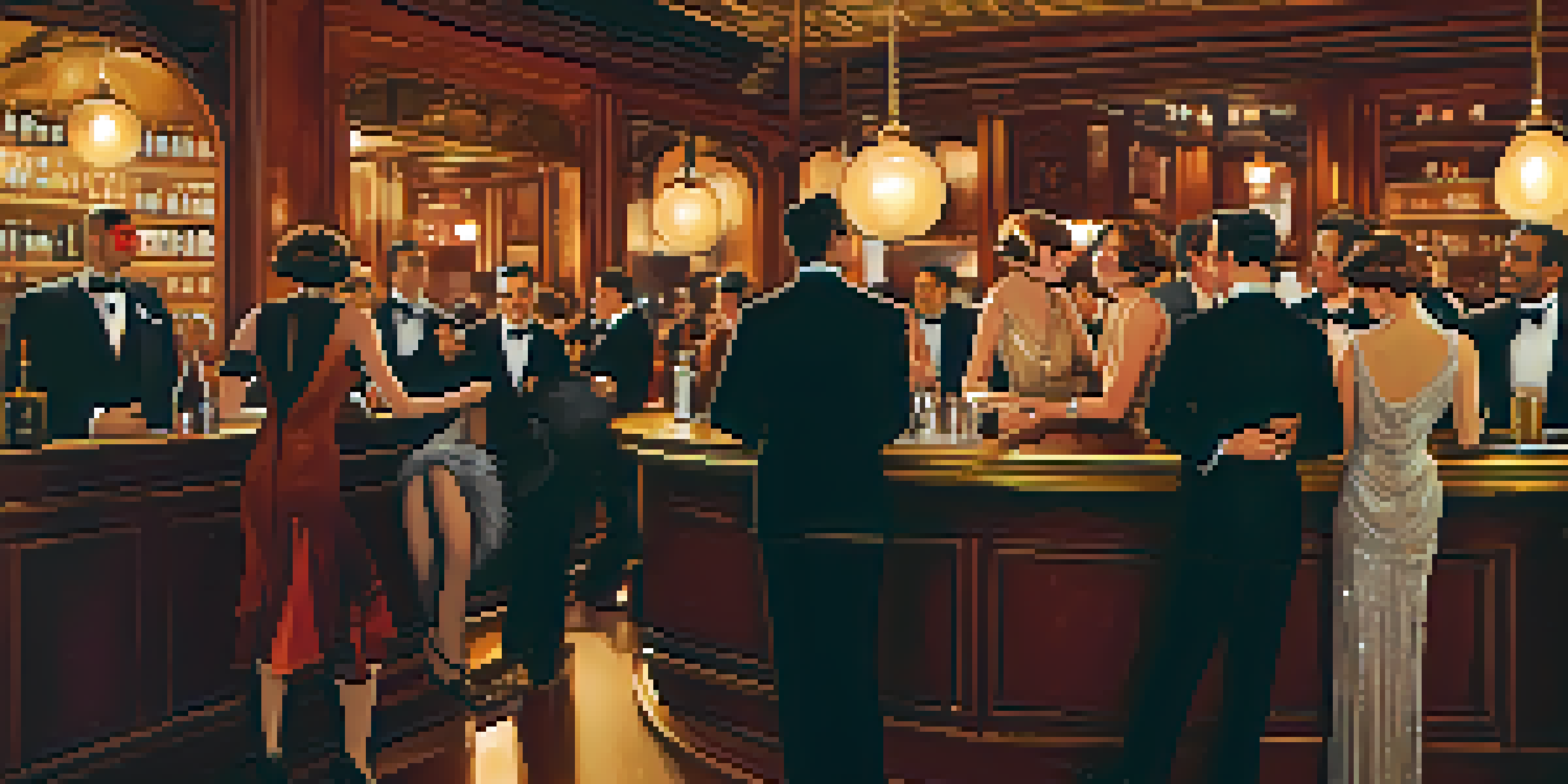 A lively 1920s speakeasy filled with elegantly dressed patrons, warm lighting, and vintage decor.