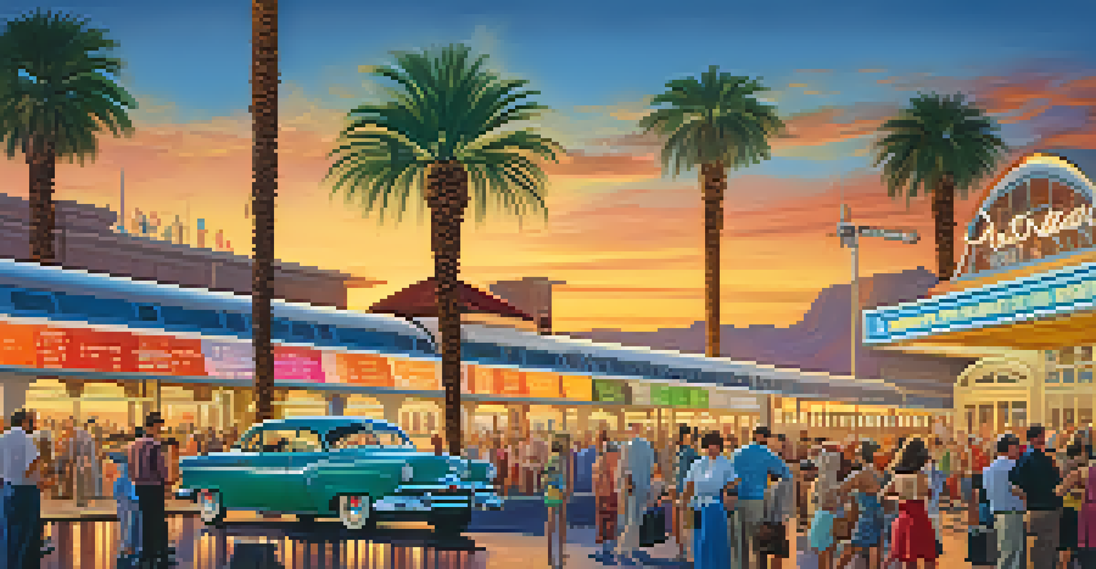 A lively 1950s Las Vegas train station with tourists, vintage cars, and neon signs during sunset.