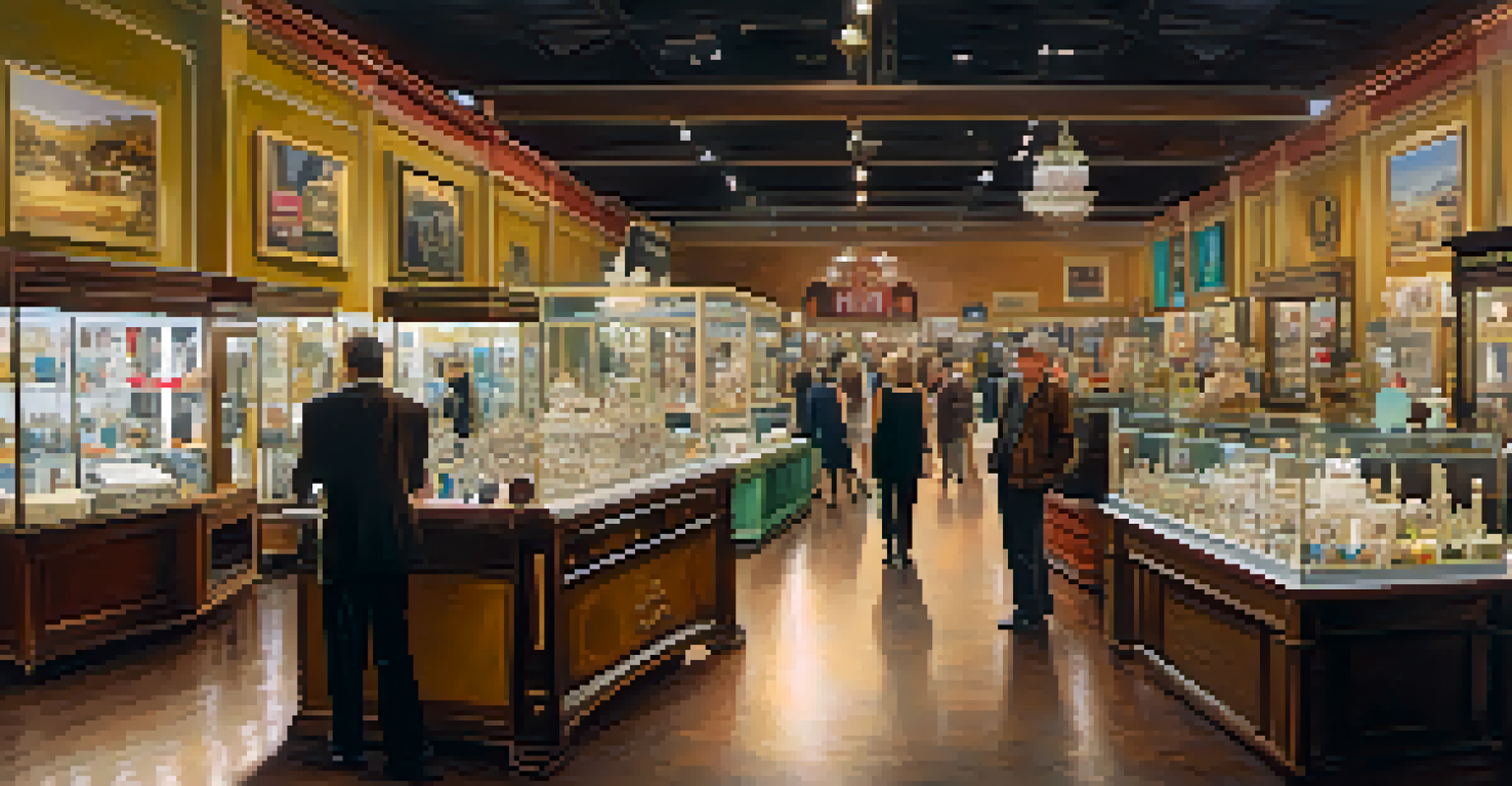 Spacious antique mall in Las Vegas with vendor booths displaying vintage jewelry, ornate furniture, and various collectibles, as visitors explore the space.