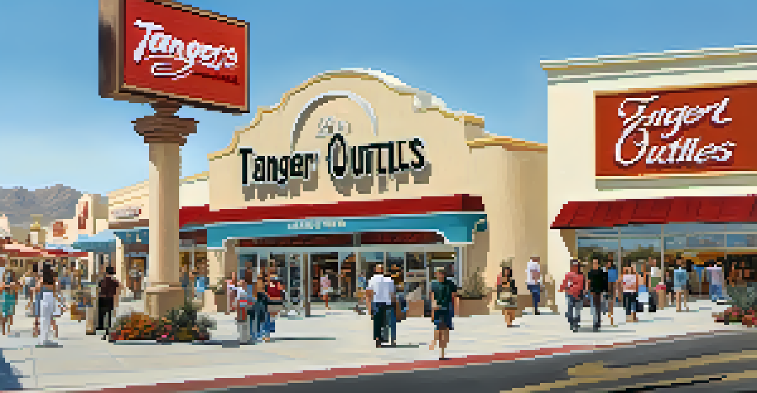 An outdoor outlet shopping area with discount signs and shoppers, set against a desert backdrop.