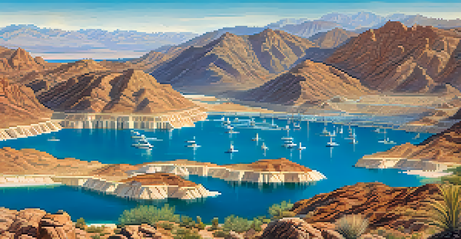 Aerial view of Lake Mead showcasing water sports and the surrounding desert landscape.