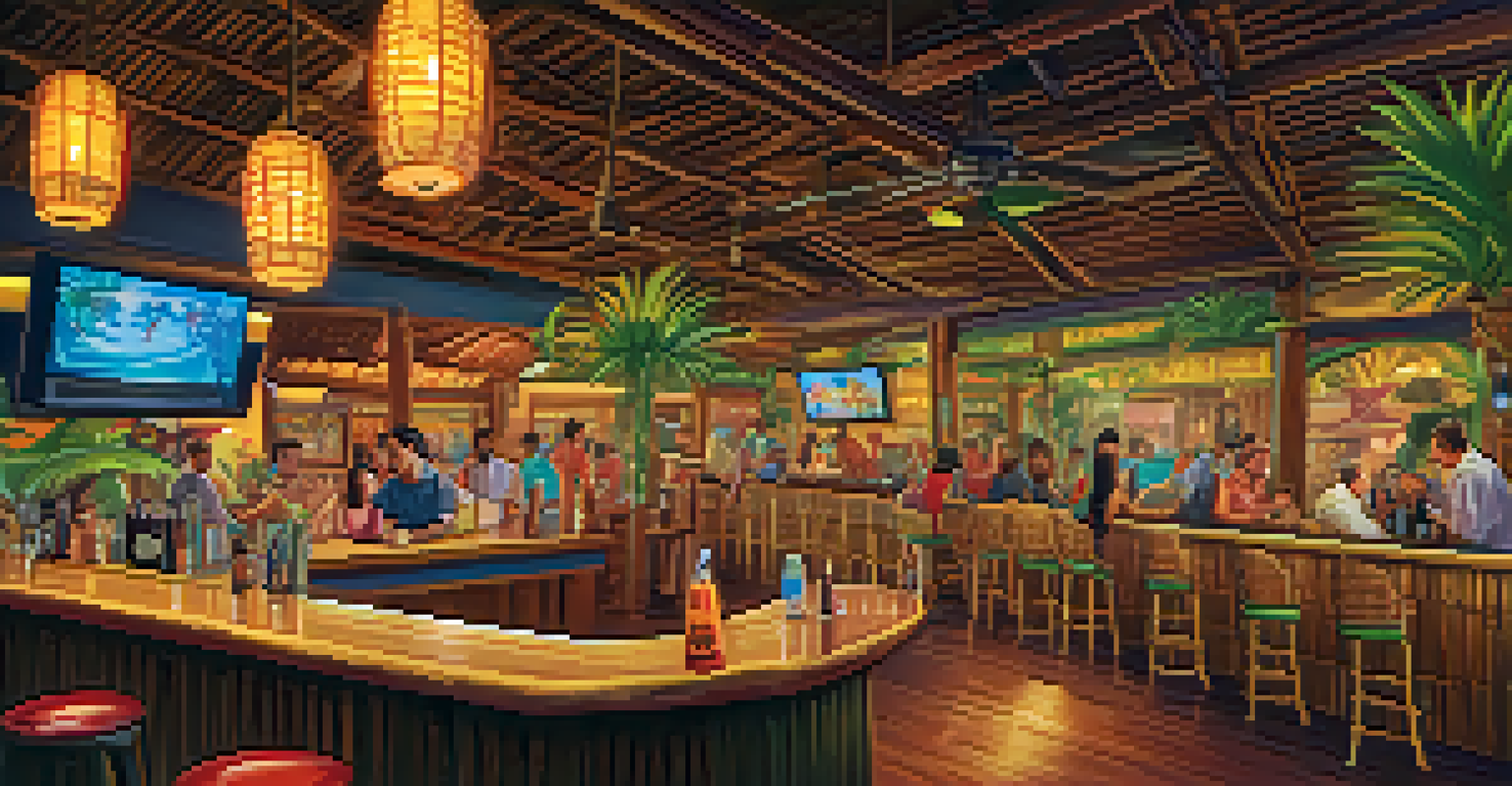 A tropical sports bar with tiki decor, where fans enjoy colorful cocktails and watch games on multiple screens.