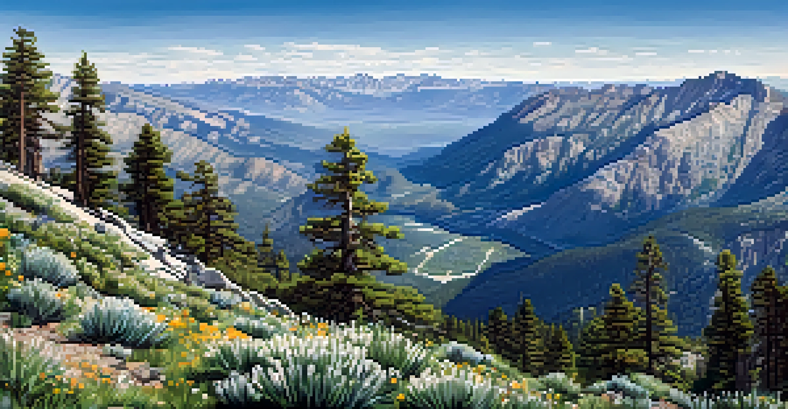 A panoramic view from Mount Charleston showing green trees, wildflowers, and snow-capped mountains.