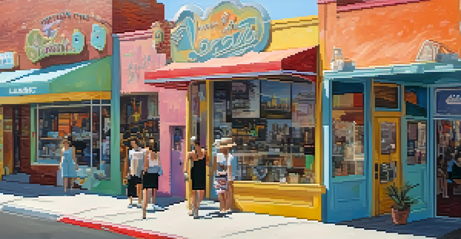 Charming street in the Arts District of Las Vegas featuring quirky thrift shops and colorful street murals, with shoppers enjoying the artistic atmosphere.