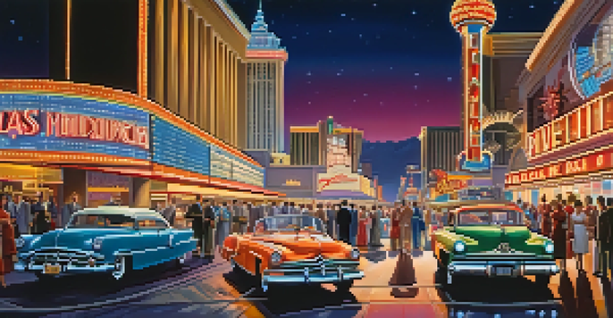 A colorful nighttime view of the Las Vegas Strip in the 1950s, featuring neon signs, vintage cars, and elegantly dressed people near a casino entrance.