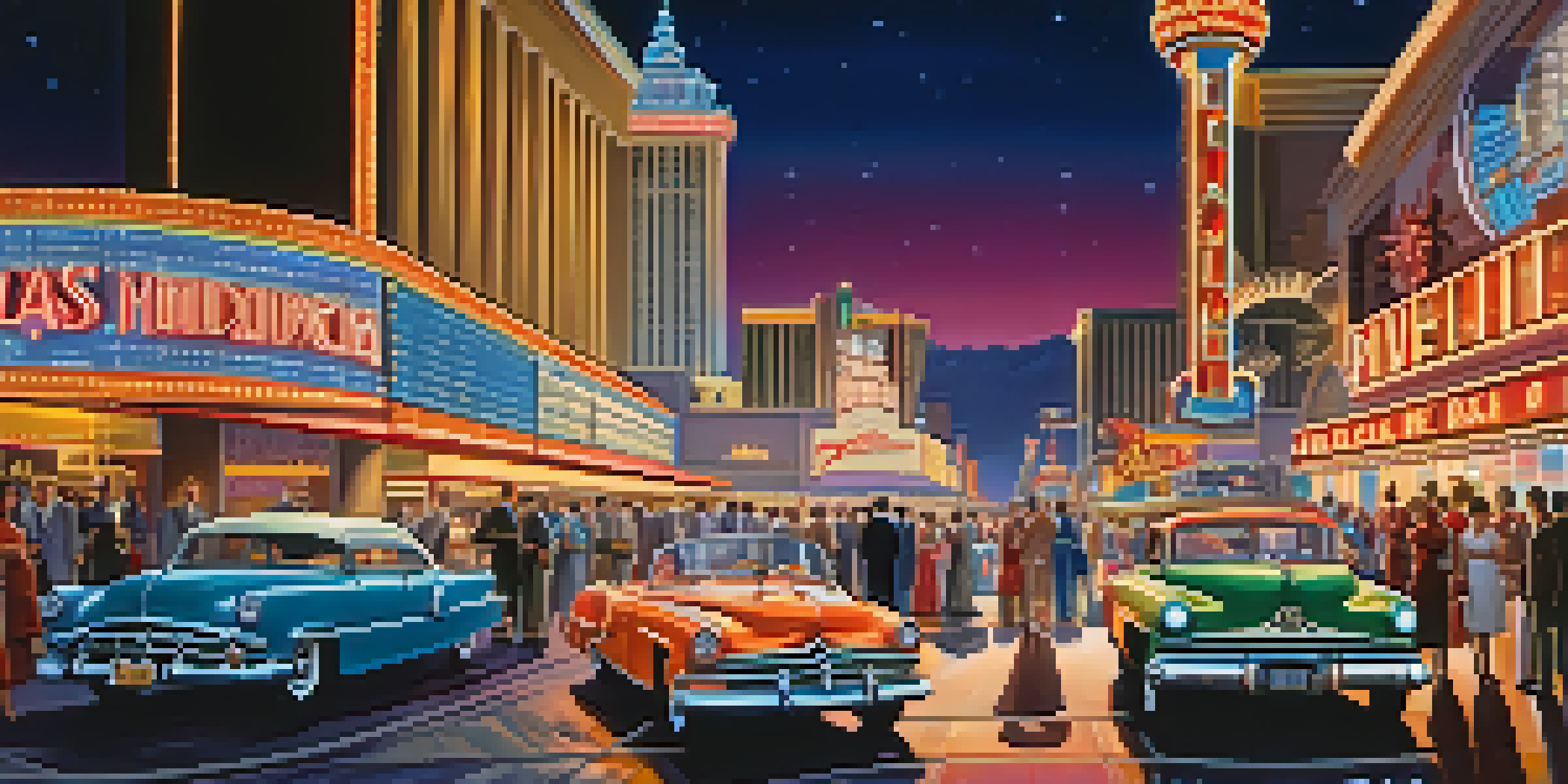 A colorful nighttime view of the Las Vegas Strip in the 1950s, featuring neon signs, vintage cars, and elegantly dressed people near a casino entrance.