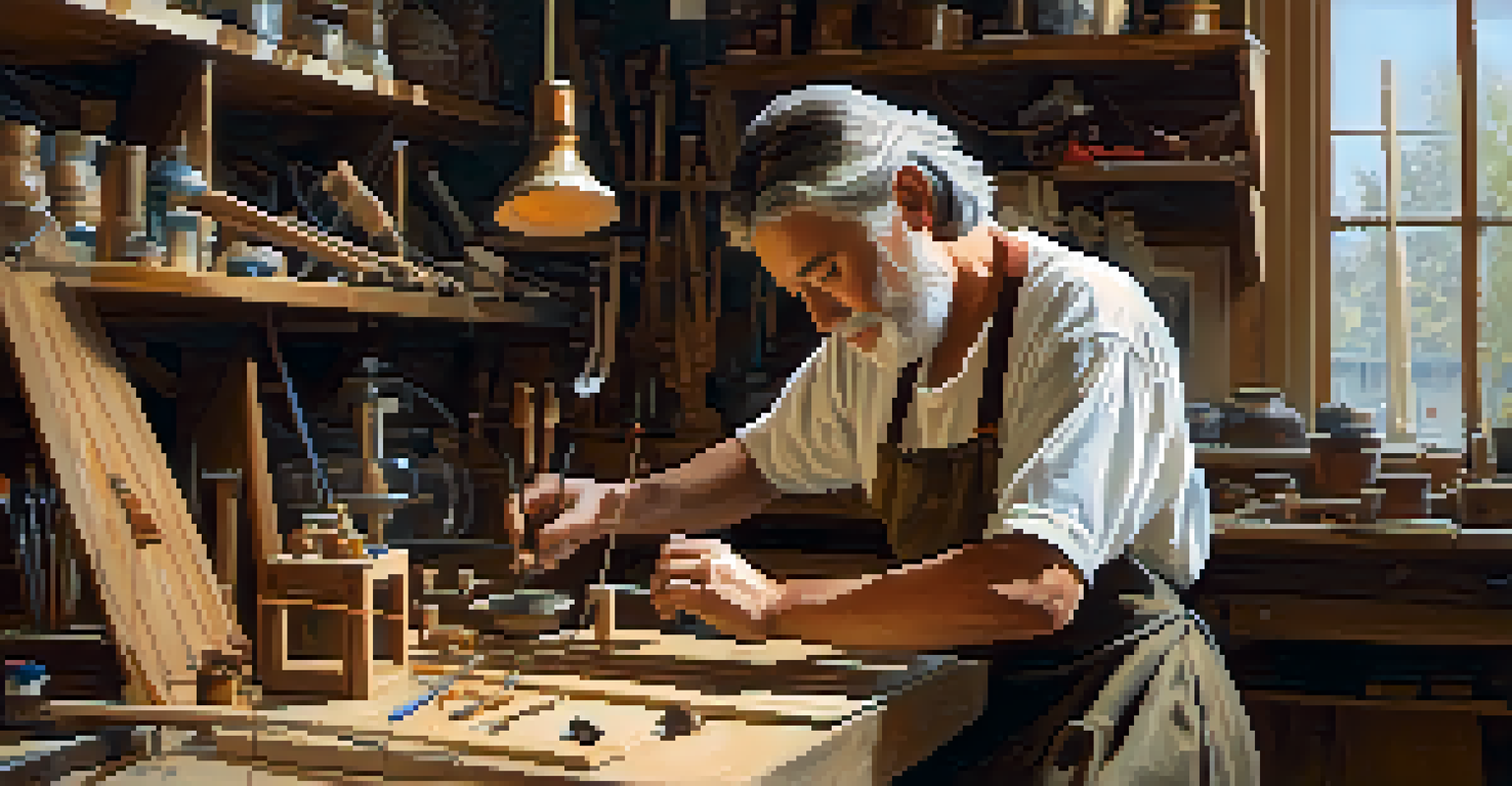 An artist crafting a marionette in a bright workshop filled with tools and materials, showcasing the process of puppet creation.