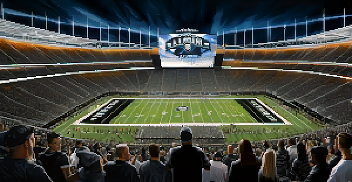 A crowded Allegiant Stadium filled with enthusiastic fans wearing black and silver cheering for the Las Vegas Raiders, under bright stadium lights.