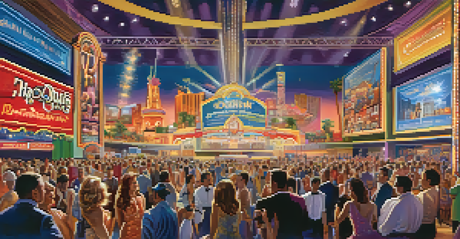 A vibrant Las Vegas convention scene with performers on stage and an engaged audience.