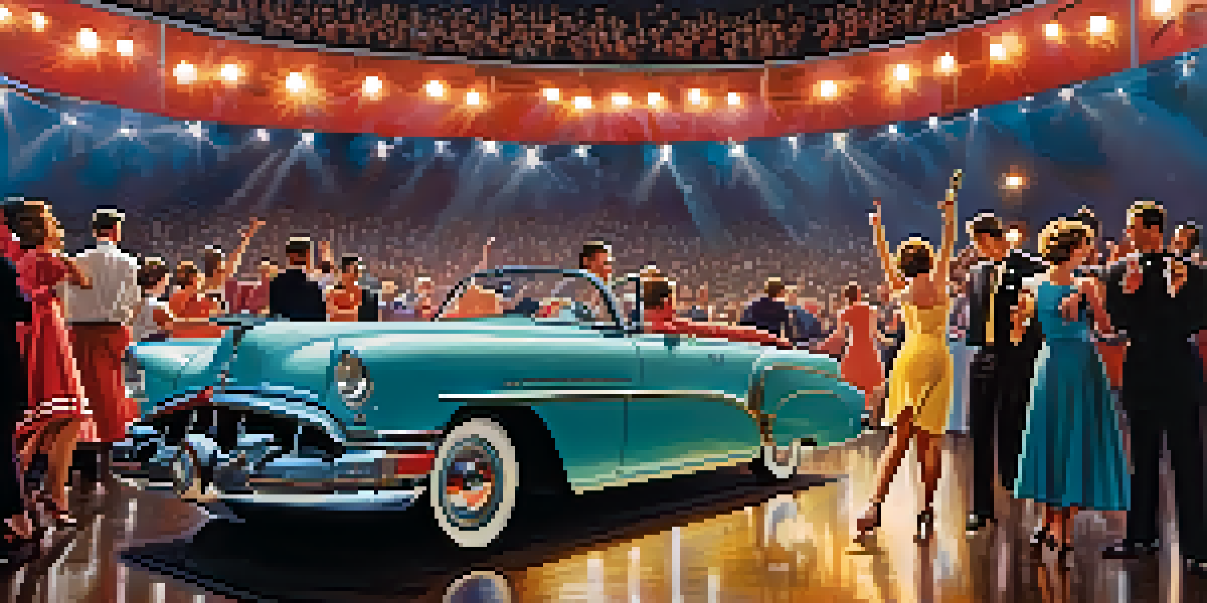 A lively 1950s rock and roll concert, showcasing a band on stage with colorful lights and an enthusiastic audience dancing.