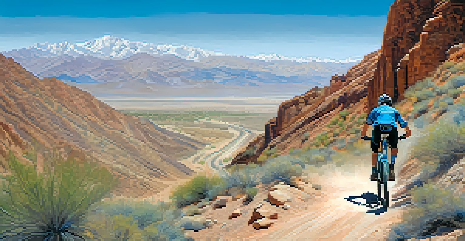 A mountain biker riding through a rugged trail in Bootleg Canyon, with desert landscapes in the background.