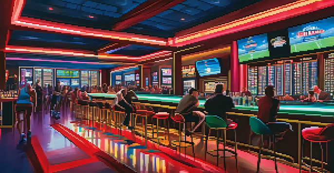 A lively sportsbook in Las Vegas with a large screen showing sports, enthusiastic bettors, and a bartender in the background, illuminated by neon lights.