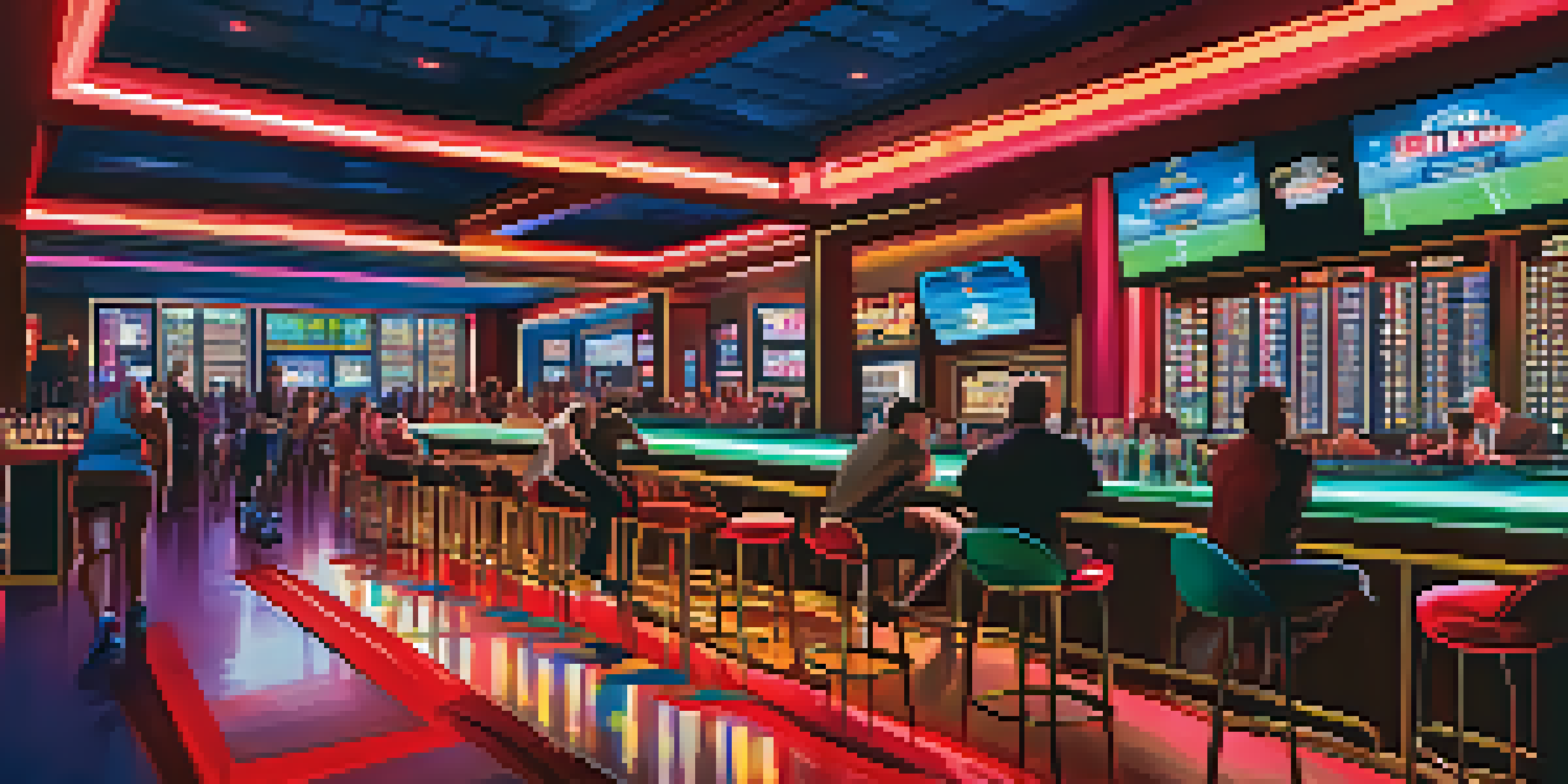 A lively sportsbook in Las Vegas with a large screen showing sports, enthusiastic bettors, and a bartender in the background, illuminated by neon lights.
