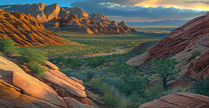 A panoramic view of Red Rock Canyon at sunset, with vibrant rock formations and hikers on a trail.