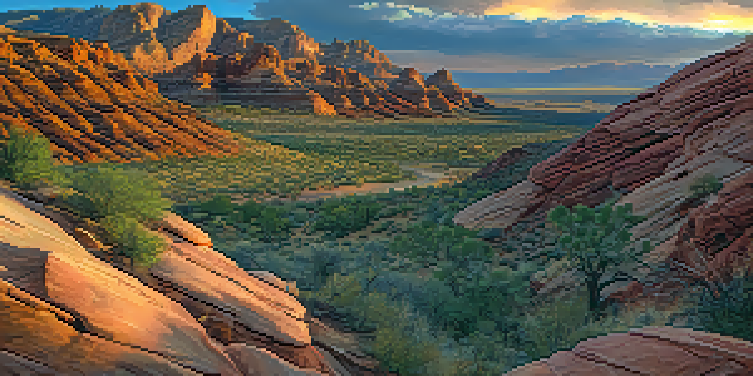 A panoramic view of Red Rock Canyon at sunset, with vibrant rock formations and hikers on a trail.