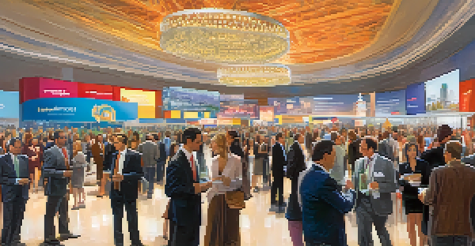 A busy convention center in Las Vegas where professionals are networking, with colorful banners and booths showcasing products.