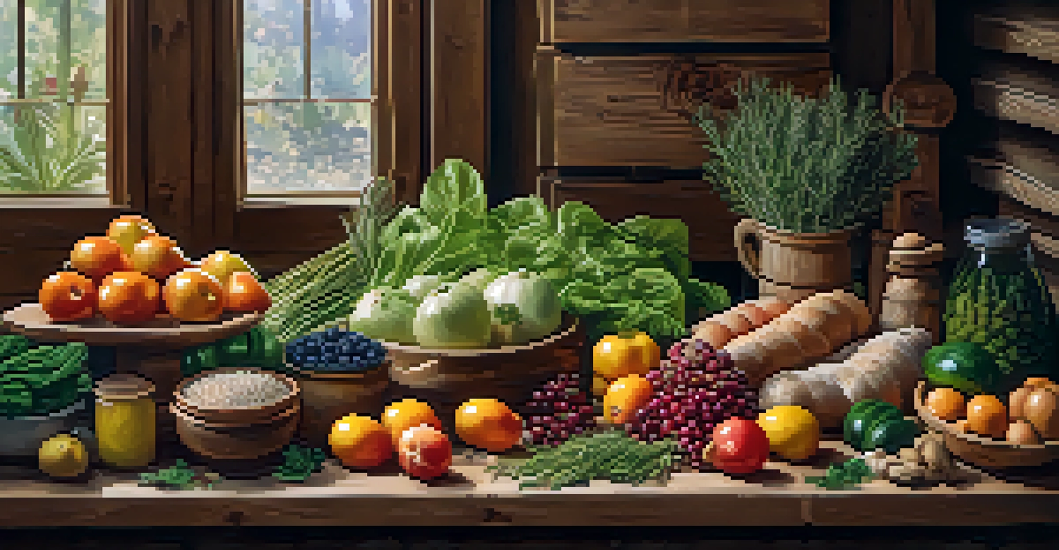 A display of fresh local ingredients at a culinary festival in Las Vegas, featuring colorful fruits and vegetables on a rustic table with soft lighting.