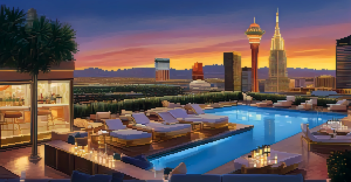 A luxurious rooftop pool with an infinity edge, overlooking the Las Vegas Strip at sunset with plush cabanas and lounge chairs.