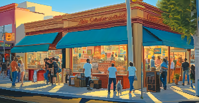 A vibrant street scene in the Arts District of Las Vegas with colorful vintage shops and art galleries, with people enjoying the atmosphere.