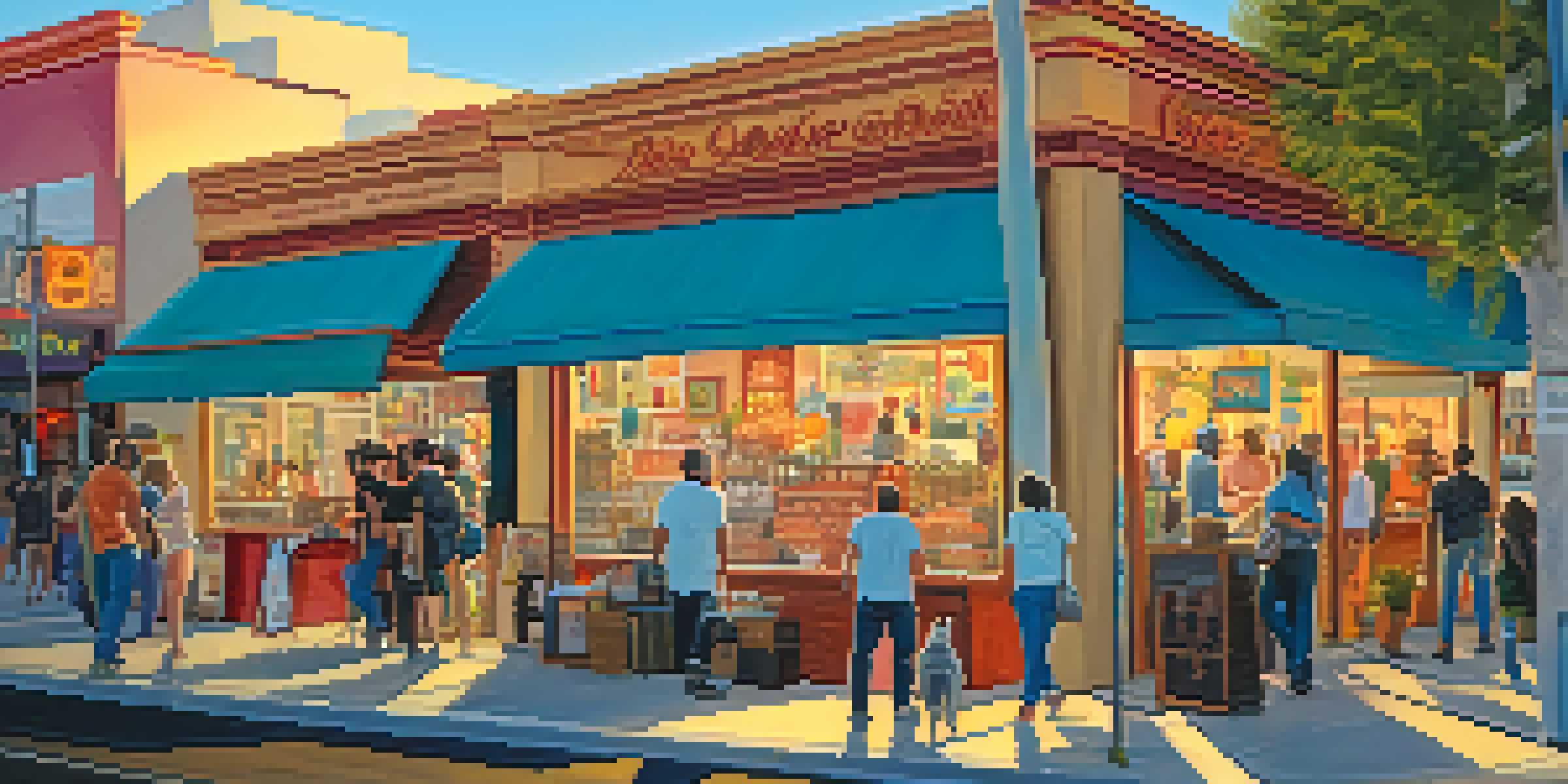 A vibrant street scene in the Arts District of Las Vegas with colorful vintage shops and art galleries, with people enjoying the atmosphere.