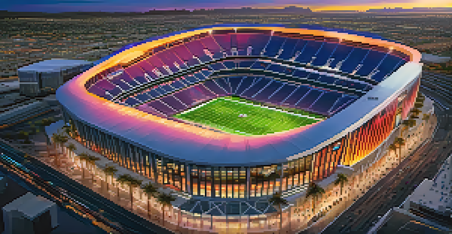Aerial view of Allegiant Stadium at sunset, surrounded by the illuminated Las Vegas Strip.