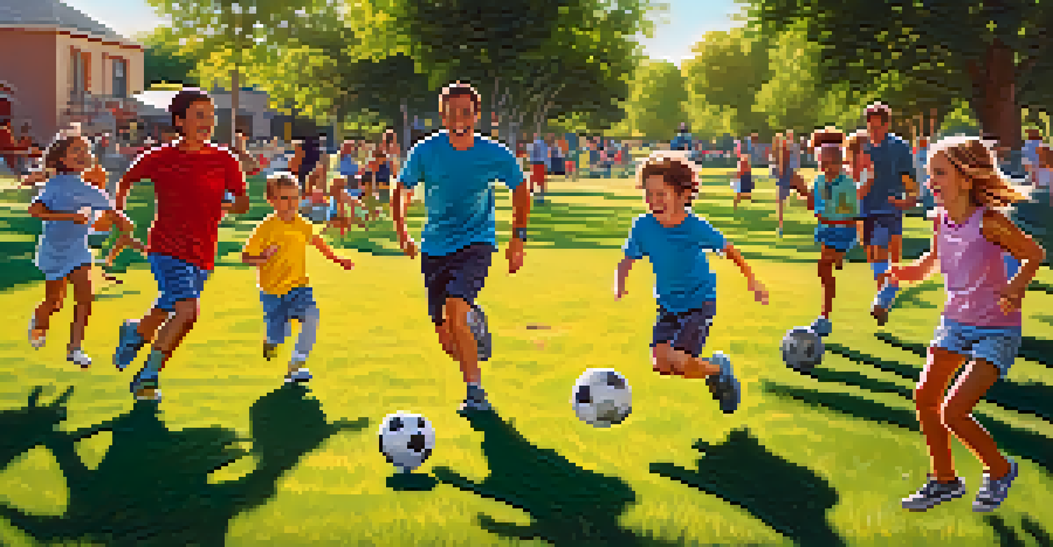 A family enjoys a fun soccer game in a sunny park, with kids playing and parents cheering.