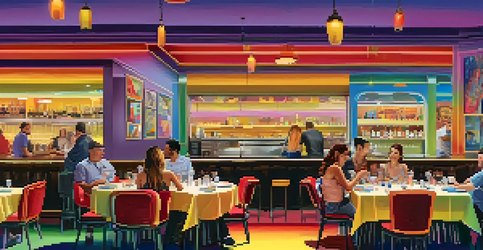 A cozy LGBTQ+-friendly restaurant with colorful decor and happy patrons dining together in a friendly environment.