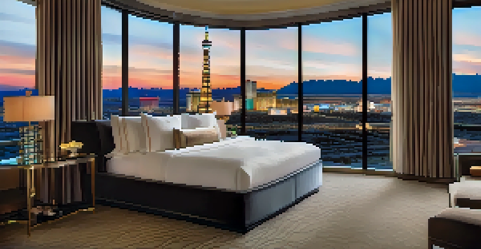 A luxurious hotel suite with a king-sized bed and large windows overlooking the Las Vegas Strip at sunset.
